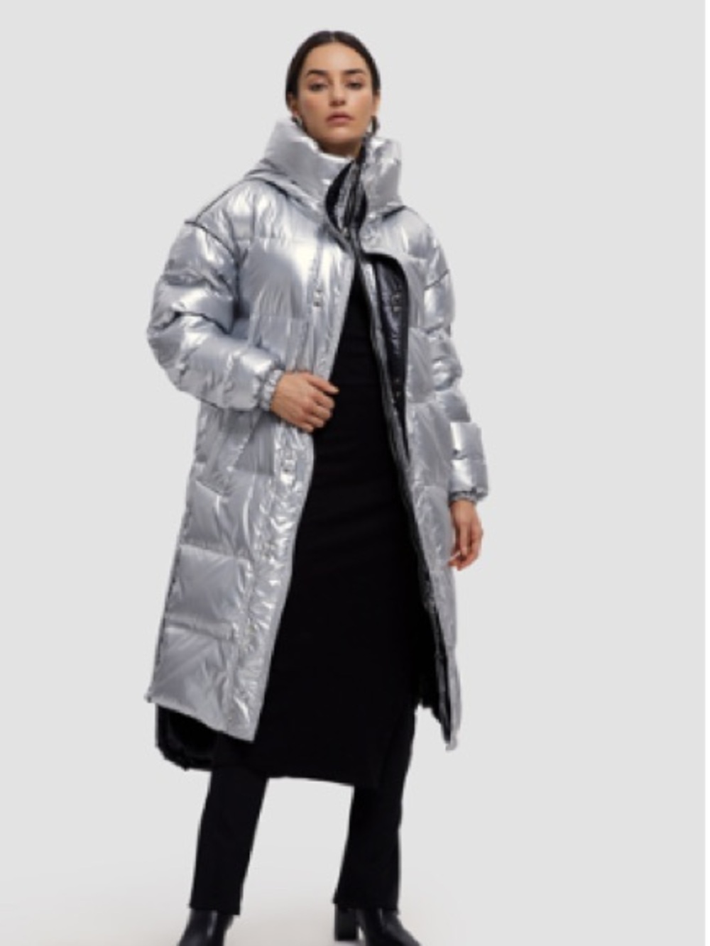 LATTELIER Maxi Shiny Puffer Maxi Jacket Silver, Size Medium, NWOT